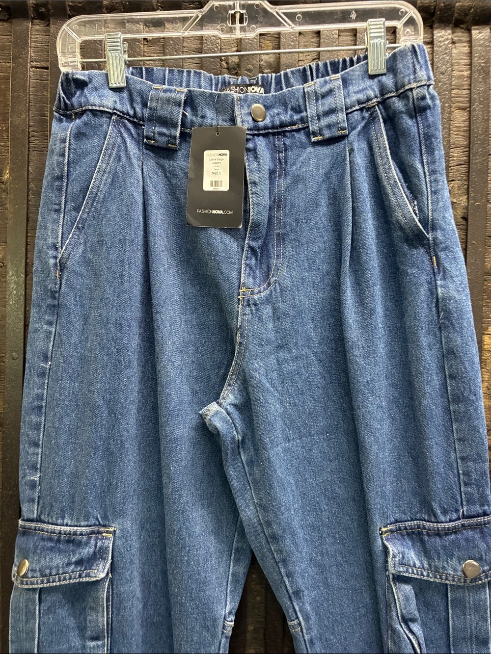 Fashion Nova Blue Relaxed Cargo Denim Jeans with Elastic Cuffs - Picture 2 of 9